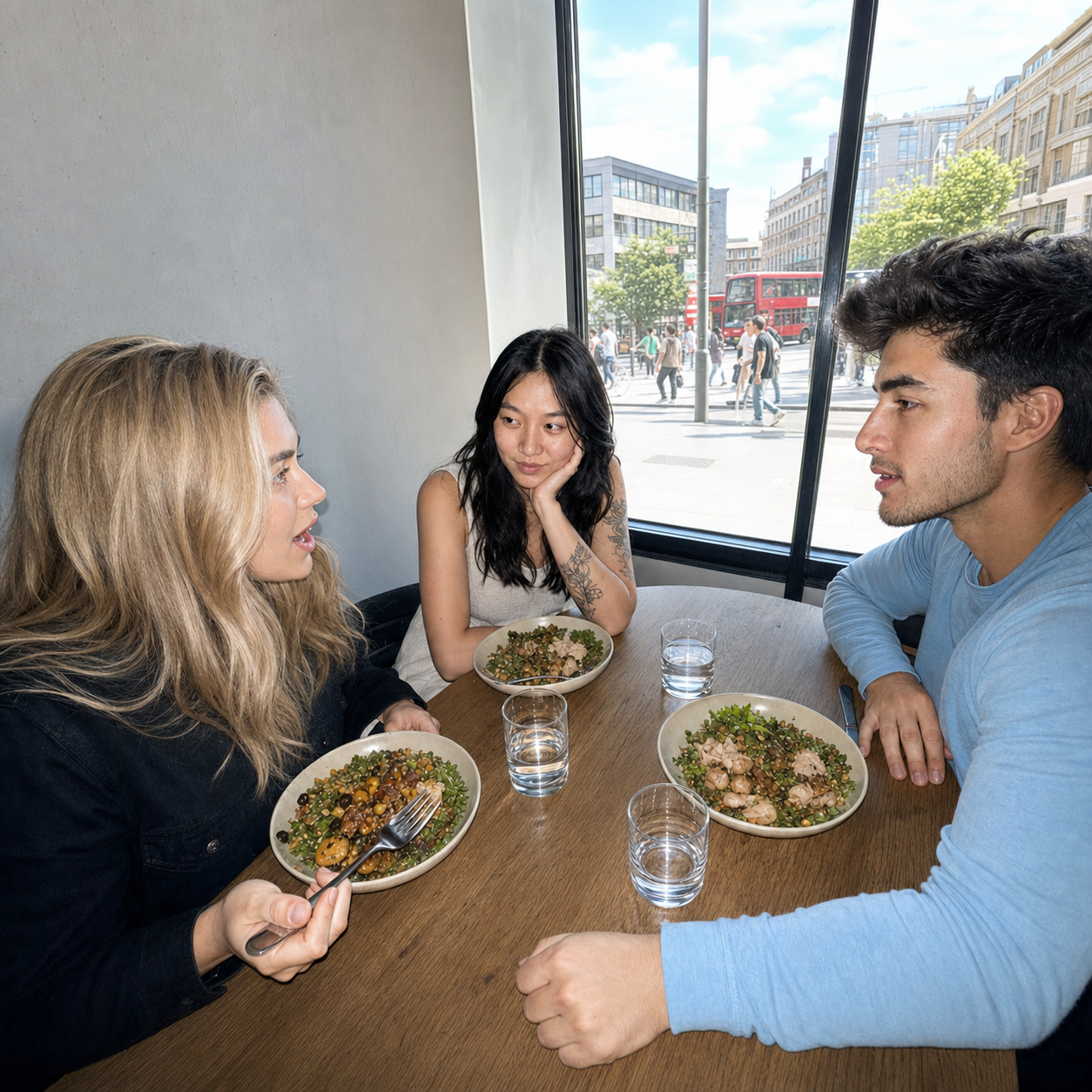 The three Lunchd members from the table profile stack sharing lunch in a bright cafe